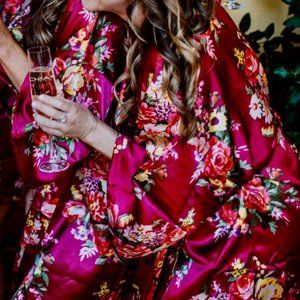 Burgundy Floral Silk Robes - Fits Size 2-14 - Wedding Robe